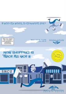 Outside of playful bi-fold mailer designed for Seattle Metropolitan Credit Union SMCU card outside